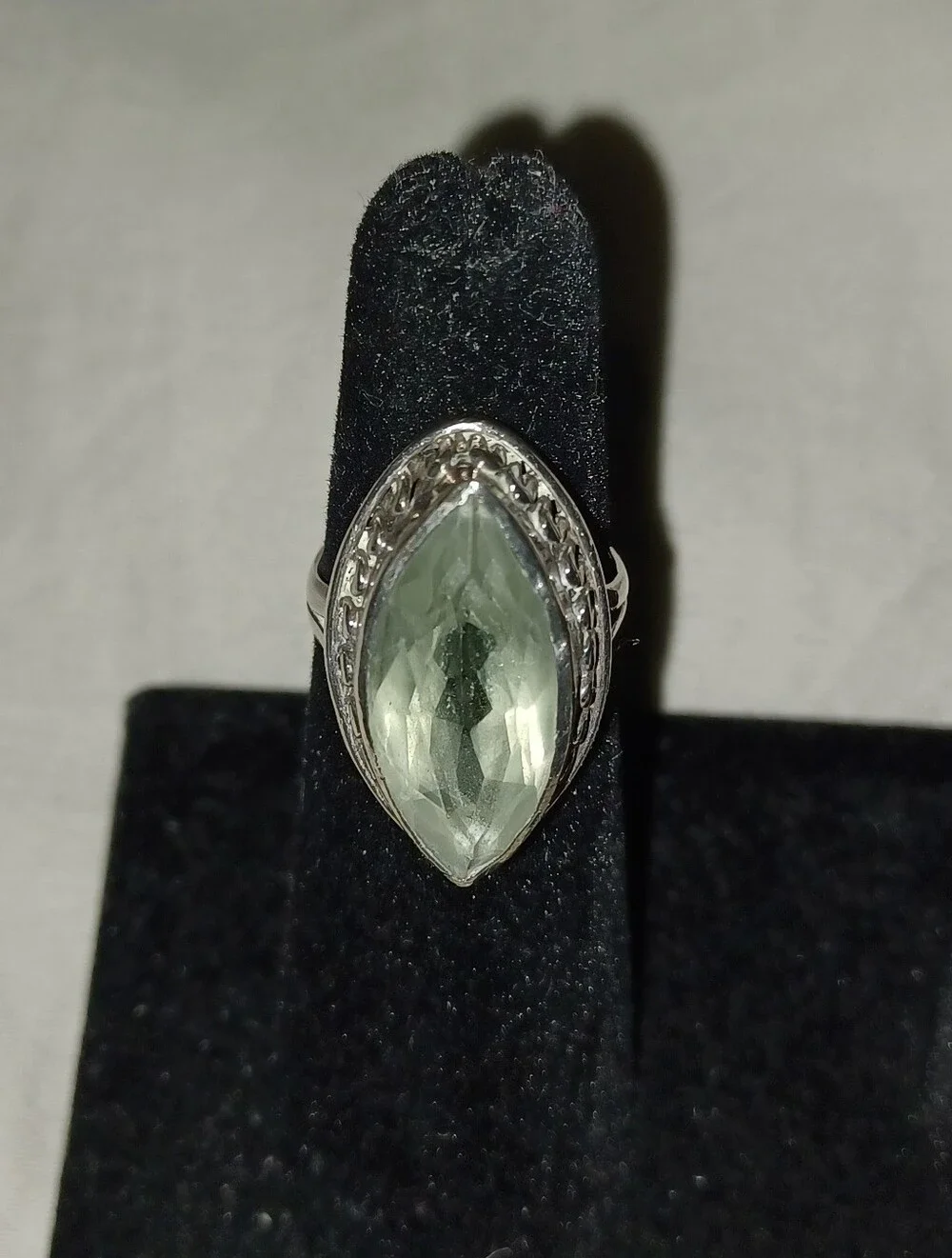 Silver Ring with Light Green Amethyst Prasiolite Marquise Gemstone Approx Size 5